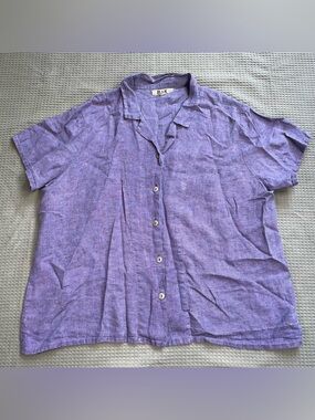 Flax 100% Linen Shirt Large Womens Purple Short Sleeve Button Up Lagenlook